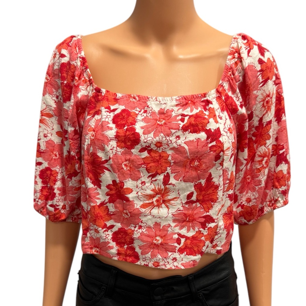 LUCKY BRAND NWT Floral Linen Blend Short Puff Sleeve Crop Red White NWT Small